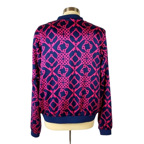 Vintage Le Tigre Ribbed Blue & Pink Geometric Link Key Bomber Y2K Jacket - Picture 2 of 11